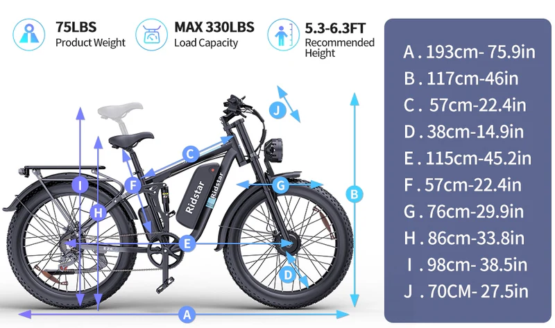 Vélo électrique Ridstar E26 Pro à double moteur 2000 W 48 V 23 Ah